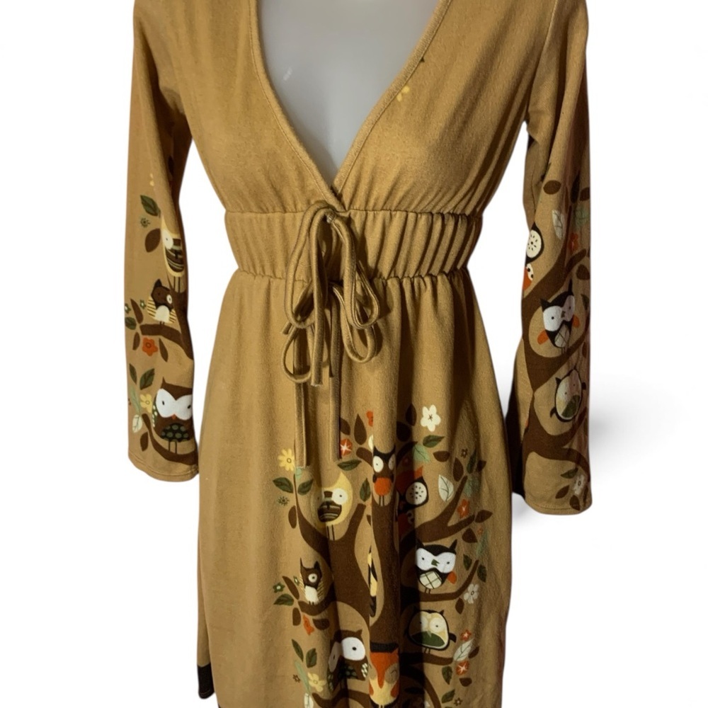 Elegant Tan Owl Print Midi Dress (item#10105)